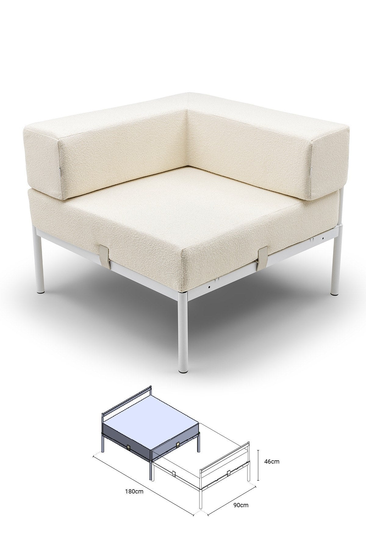 Eckmodul in Weiss/Creme von Hanah Home mit Bouclé-Stoff, Metallbeinen und verstellbarer Rückenlehne, Sitzfläche in Eckform.