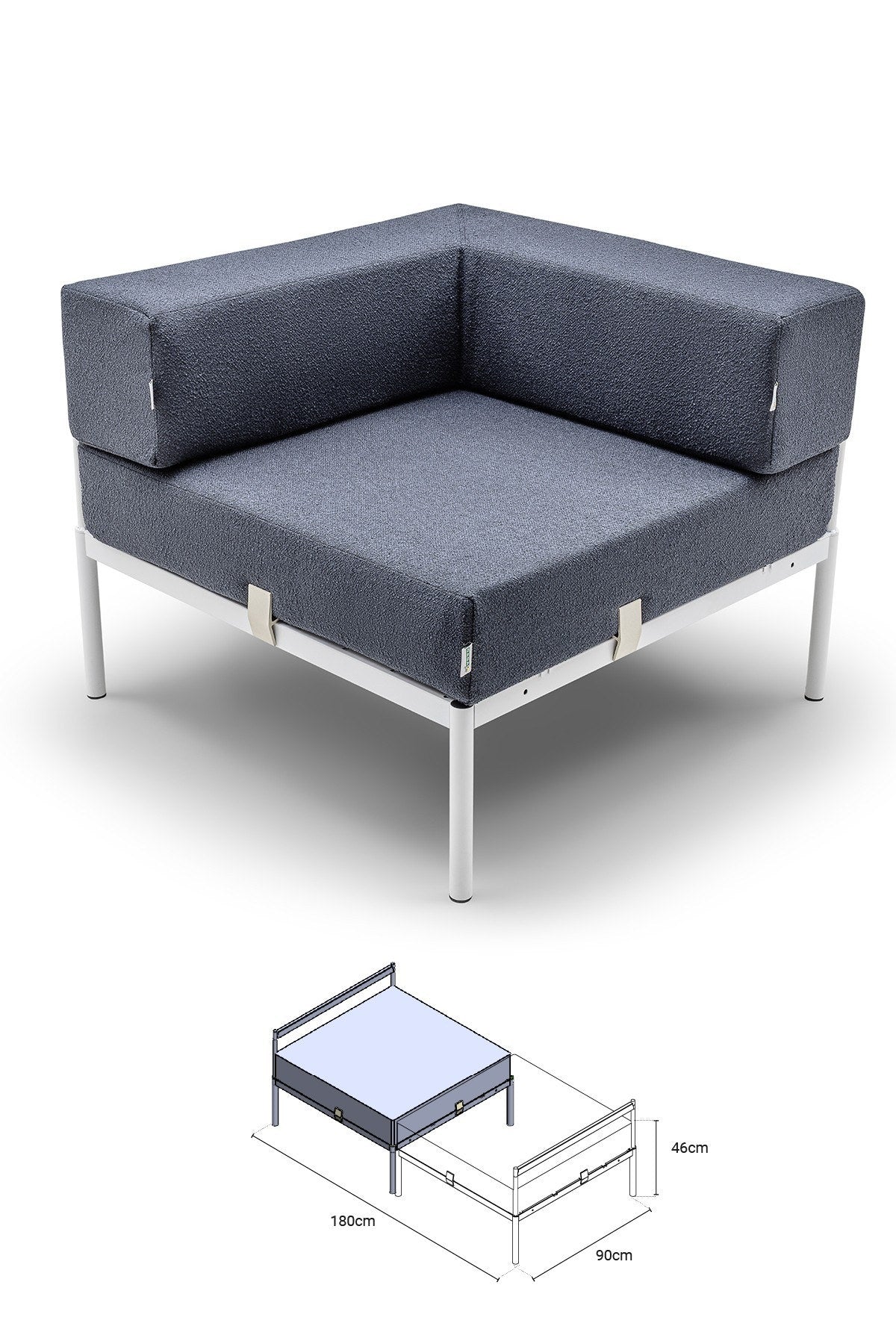 Eckmodul in Weiss und Marineblau von Hanah Home mit Bouclé-Stoff-Bezug, Metallbeinen und verstellbarer Rückenlehne, Frontalansicht.