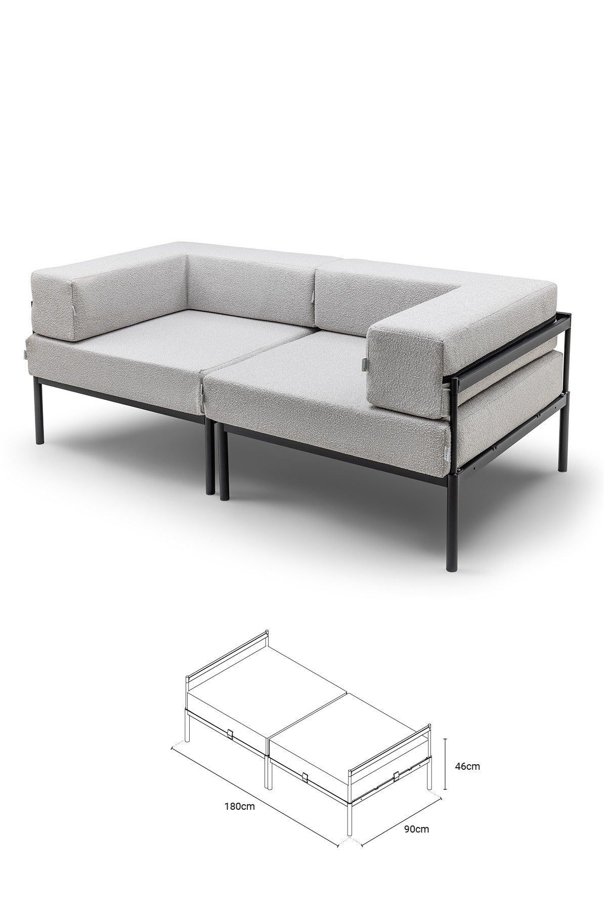 2-Sitzer-Sofa von Hanah Home in Schwarz/Grau mit Bouclé-Stoffbezug, Metallgestell und Metallbeinen, Sitzhöhe 46 cm, verstellbare Rückenlehne.