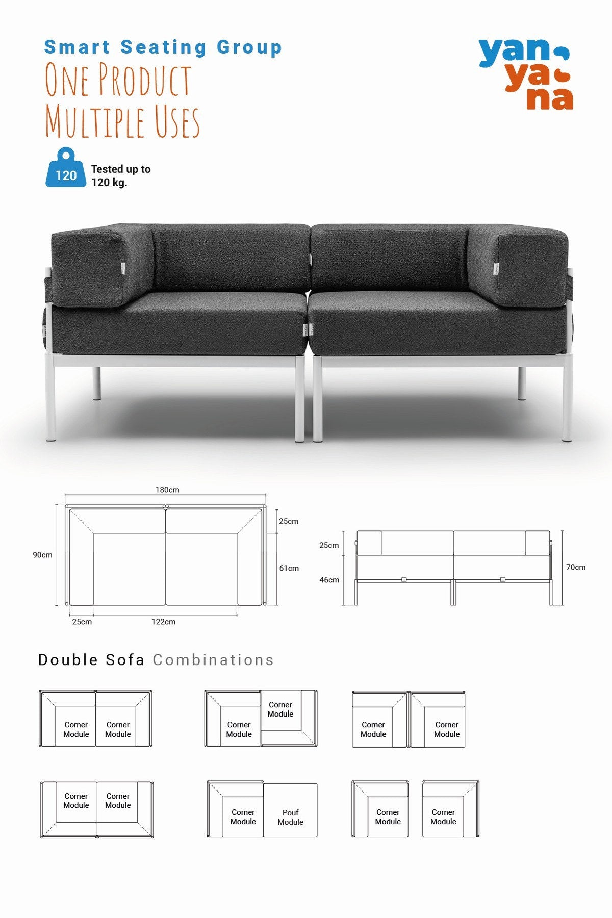 2-Sitzer-Sofa in Weiss / Grau von Hanah Home mit Bouclé-Bezug, Metallgestell und schlanken Metallbeinen, abnehmbare Sitzkissen sichtbar.