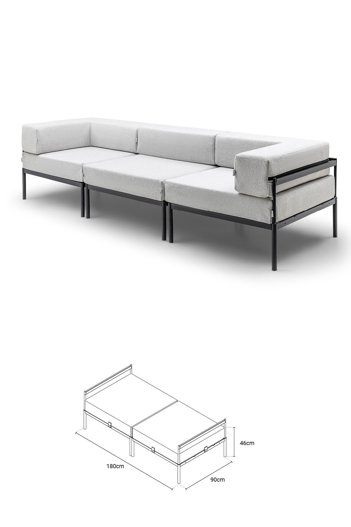 Schwarz-graues 3-Sitzer-Sofa mit Bouclé-Stoff, Metallbeinen und abnehmbaren Sitzkissen, Breite 270 cm, Frontalansicht auf hellem Hintergrund.