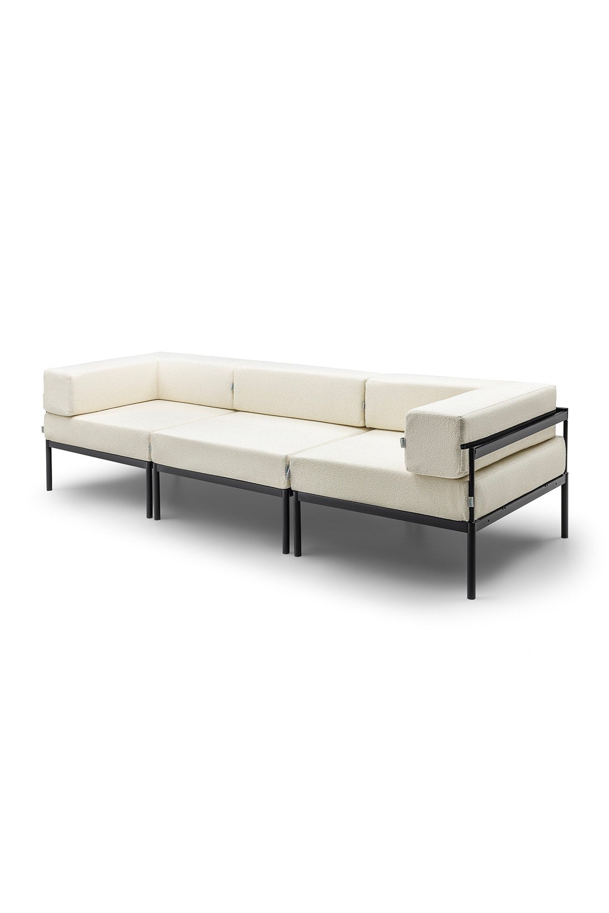 Bouclé-Stoff 3-Sitzer-Sofa in Schwarz und Creme mit Metallbeinen, verstellbarer Rückenlehne und abnehmbaren Kissen, Frontalansicht.