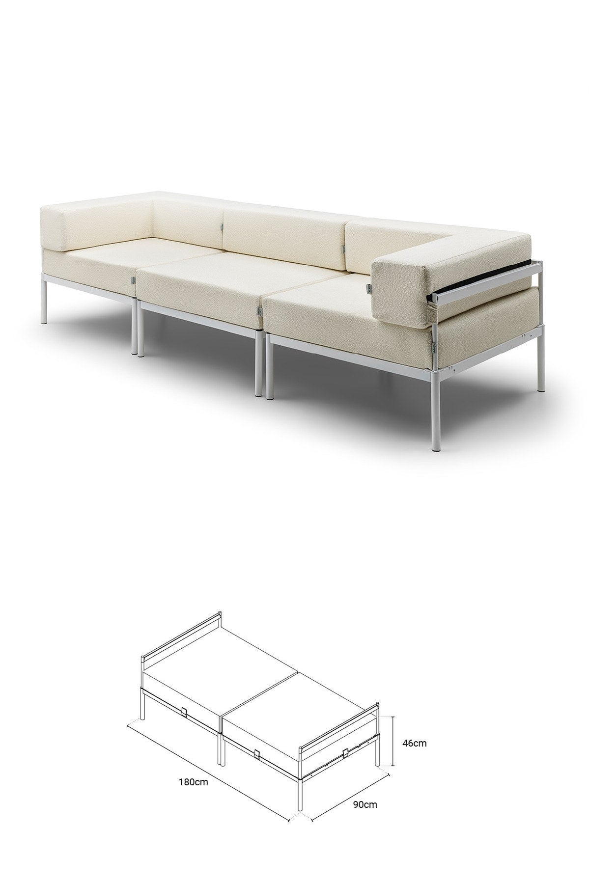 3-Sitzer-Sofa von Hanah Home in Weiss/Creme aus Bouclé-Stoff mit Metallgestell, Metallbeinen und abnehmbaren Sitzkissen, Breite 270 cm