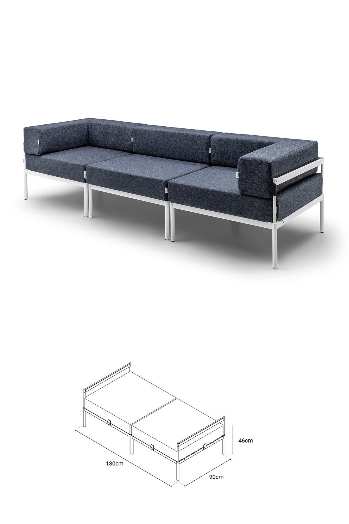 3-Sitzer-Sofa von Hanah Home in Weiss/Marineblau mit Bouclé-Stoff-Bezug, Metallgestell und Metallbeinen, Breite 270 cm, Tiefe 90 cm, Höhe 46 cm.