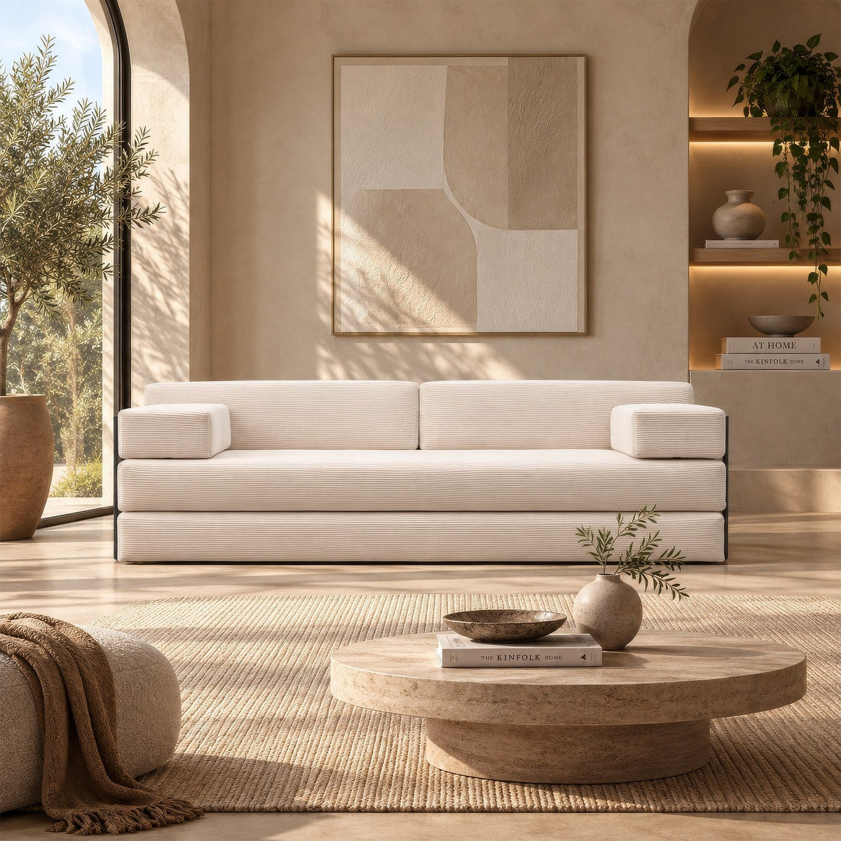 3-Sitzer-Schlafsofa in Beige von Hanah Home mit Bezug aus Venom Samt, gepolsterten Armlehnen und verstellbarer Rückenlehne.