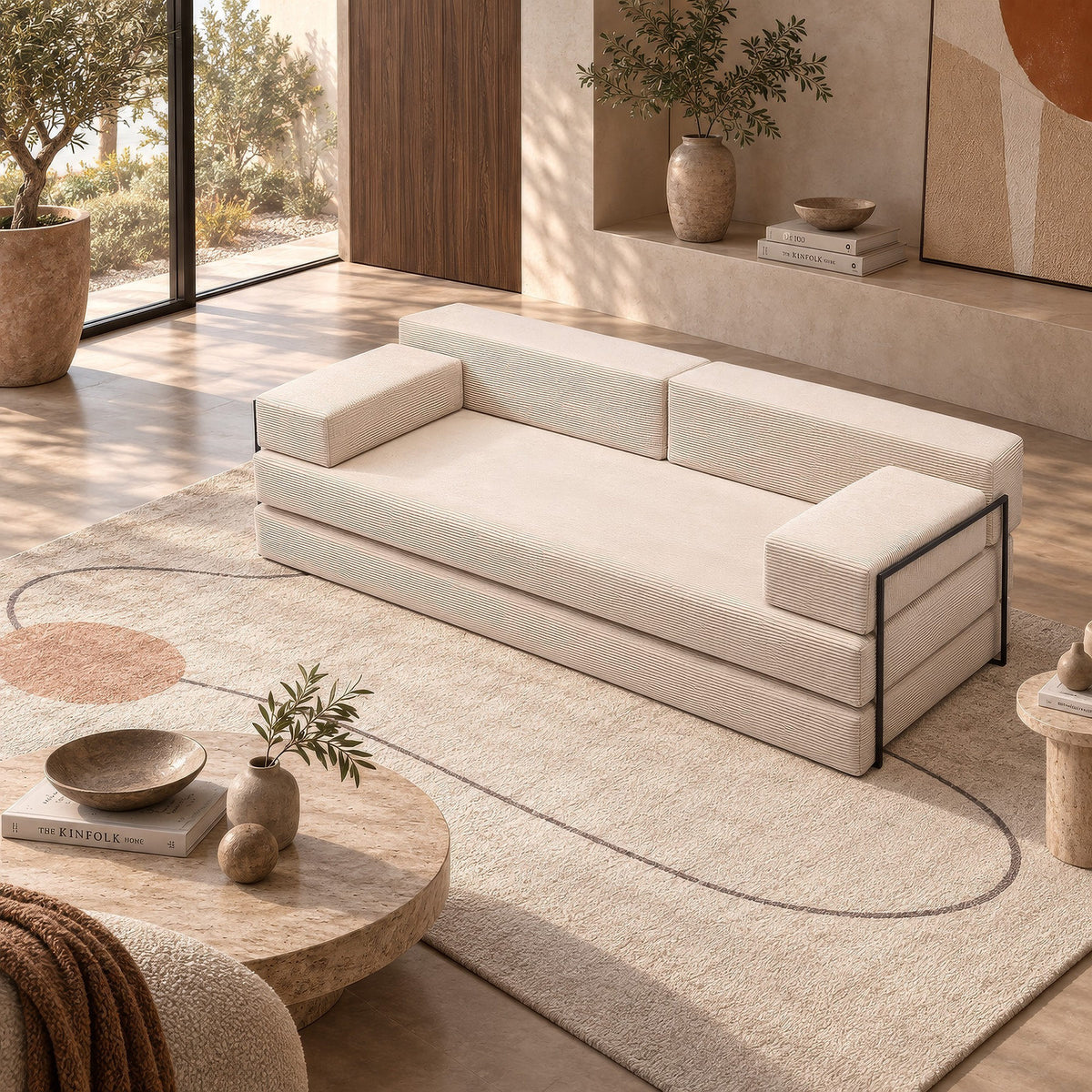 3-Sitzer-Schlafsofa in Beige von Hanah Home mit Bezug aus Venom Samt, gepolsterten Armlehnen und verstellbarer Rückenlehne.