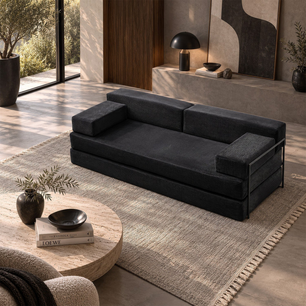 3-Sitzer-Schlafsofa in Anthrazit aus Venom Samt mit geraden Armlehnen, verstellbarer Rückenlehne und abnehmbaren Sitzkissen im Wohnraum.