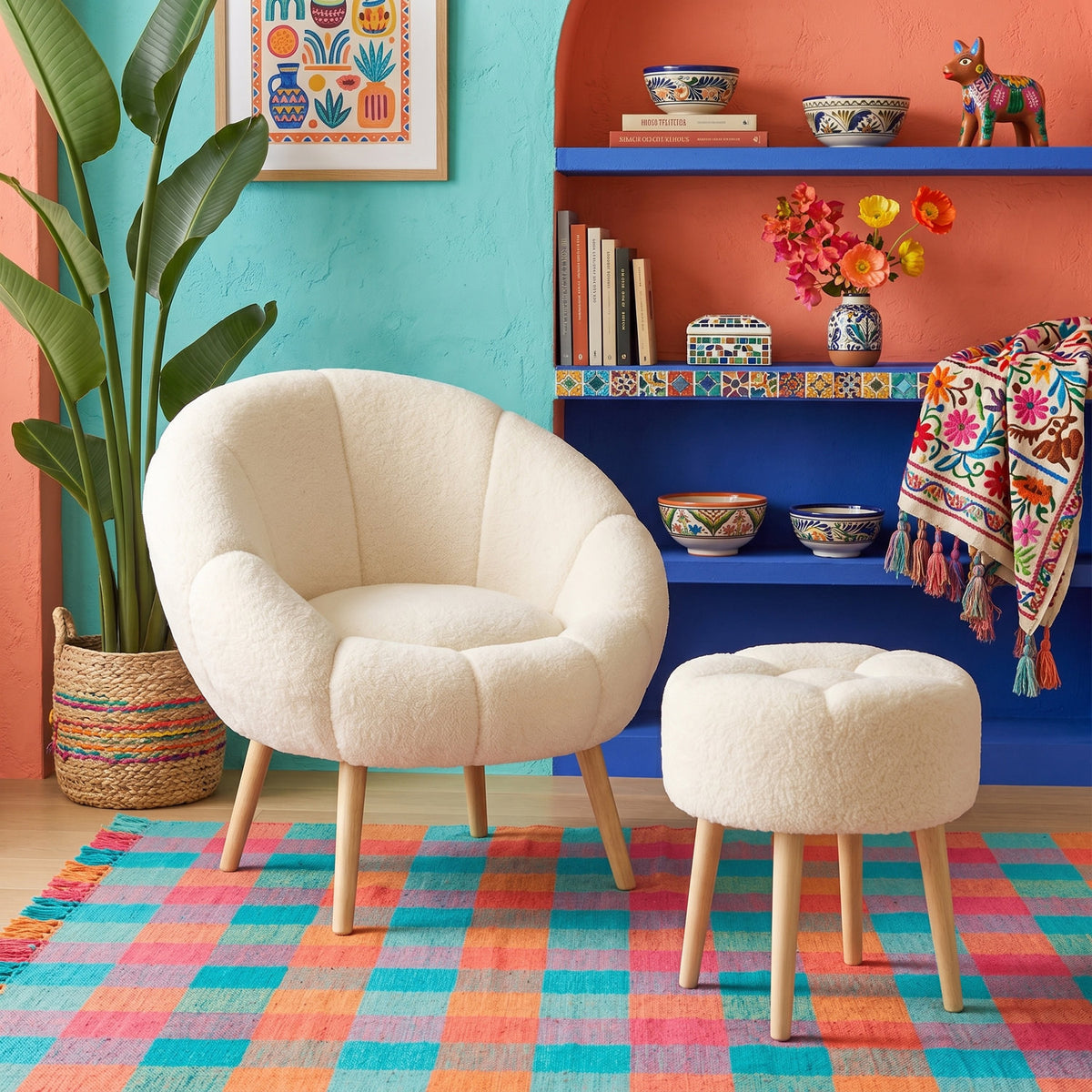 Cremefarbener Ohrensessel mit Flügeldesign und passendem runden Pouf, Bezug aus Wellsoft-Stoff, Beine aus Eschenholz.