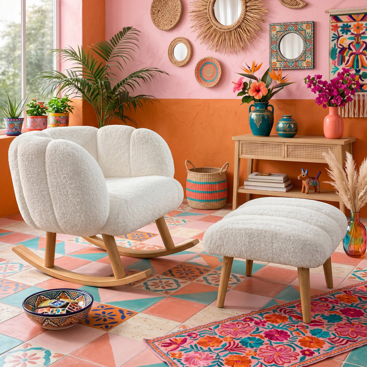 Weisser Ohrensessel mit Hocker aus Wellsoft-Stoff, Spanplatte und Eschenholz-Beinen, im klassischen Wing-Chair-Design von Hanah Home.