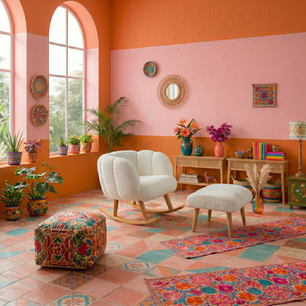 Weisser Ohrensessel mit Hocker aus Wellsoft-Stoff, Spanplatte und Eschenholz-Beinen, im klassischen Wing-Chair-Design von Hanah Home.