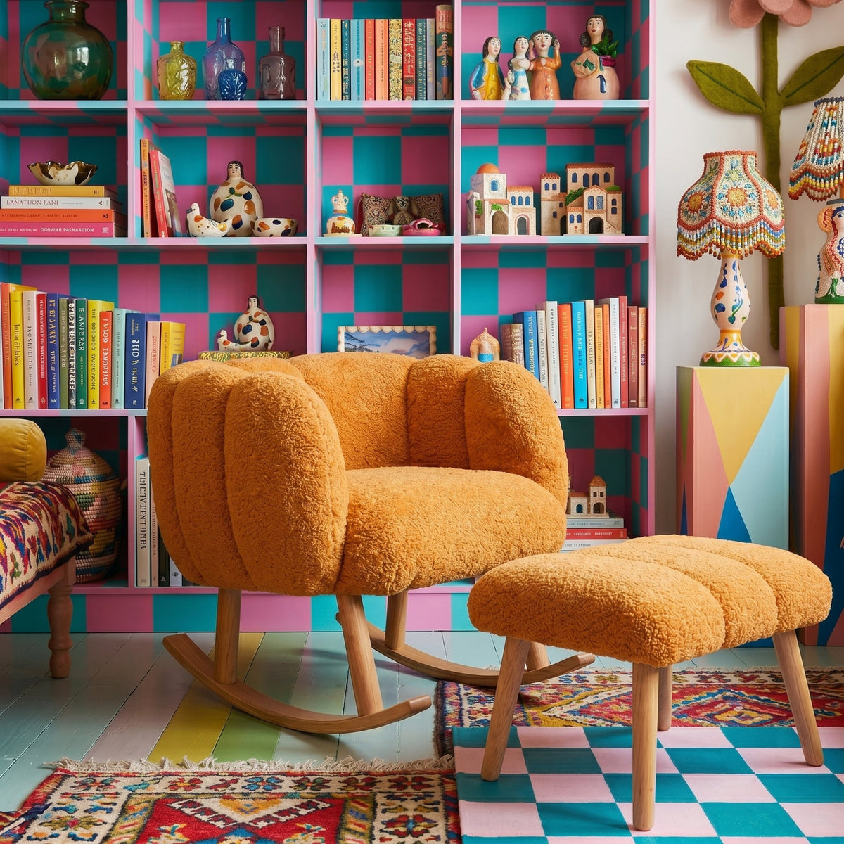 Orangefarbener Ohrensessel mit passendem Hocker, Wingback-Form, Wellsoft-Stoffbezug und Beinen aus Esche, Hanah Home Lotus Set.