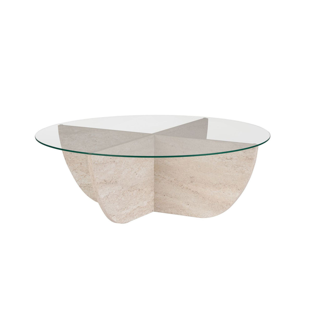 Couchtisch Liya von Nordure mit quadratischer Glasplatte in Travertin-Optik und Gestell aus melaminbeschichteter Spanplatte, 90 x 90 x 30 cm.
