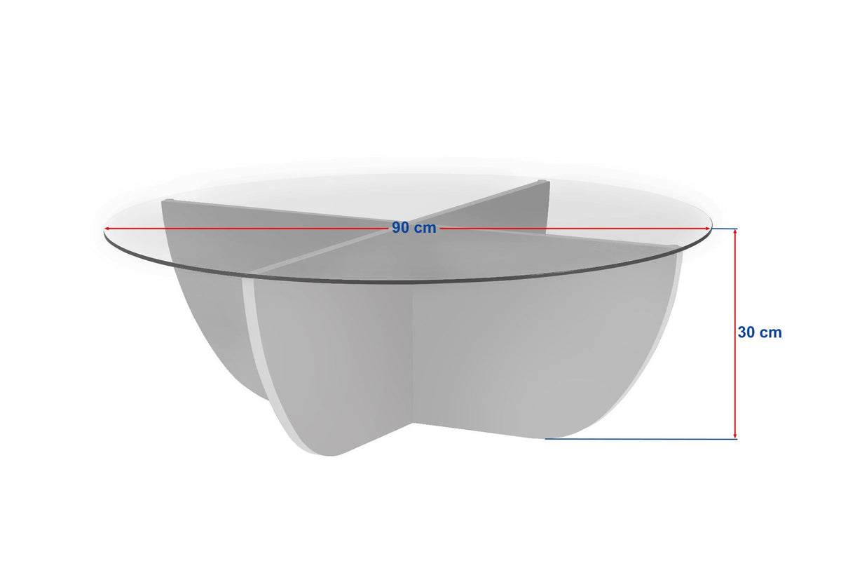 Couchtisch mit Glasplatte in Saphir-Eiche Optik und Gestell aus melaminbeschichteter Spanplatte, quadratische Form, 90 x 90 x 30 cm.