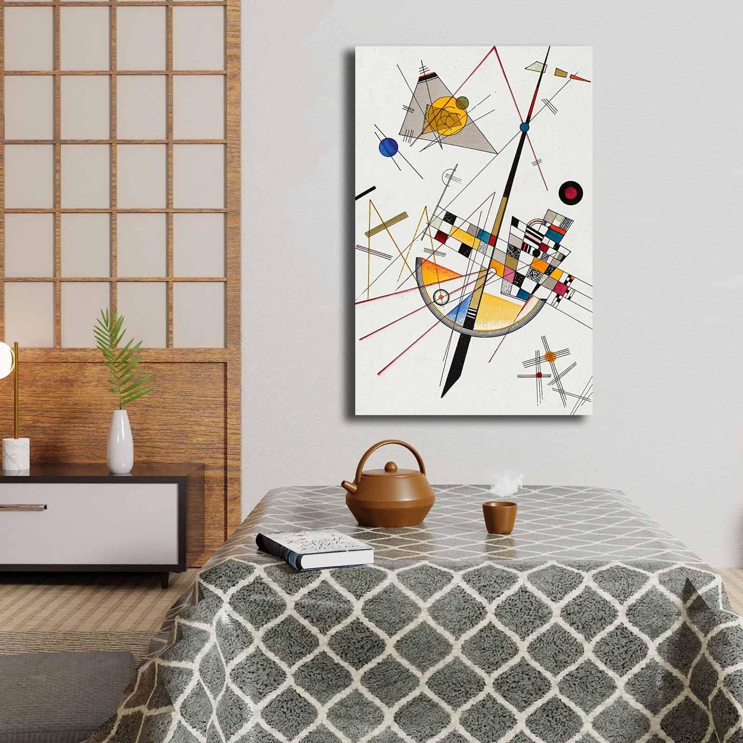 Entdecken Sie das fesselnde Leinwandgemälde von Kandinsky in Mehrfarbig. Verleihen Sie Ihrem Raum mit diesem Kunstwerk von Wallity einen Hauch von Eleganz.