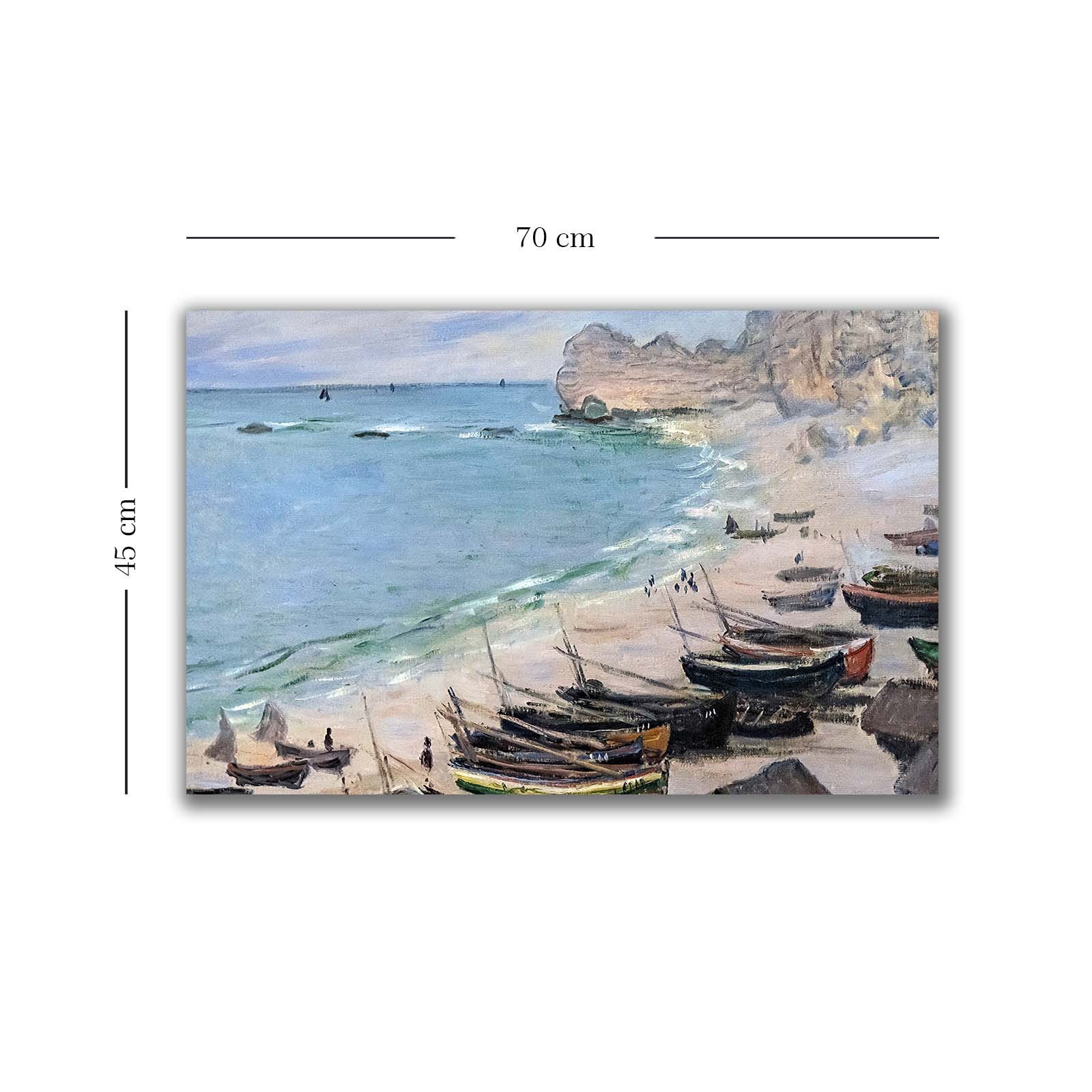 Entdecken Sie Monets "Boote am Strand von Etretat" – ein farbenfrohes Leinwandgemälde, das Ruhe und Eleganz in Ihr Zuhause bringt.