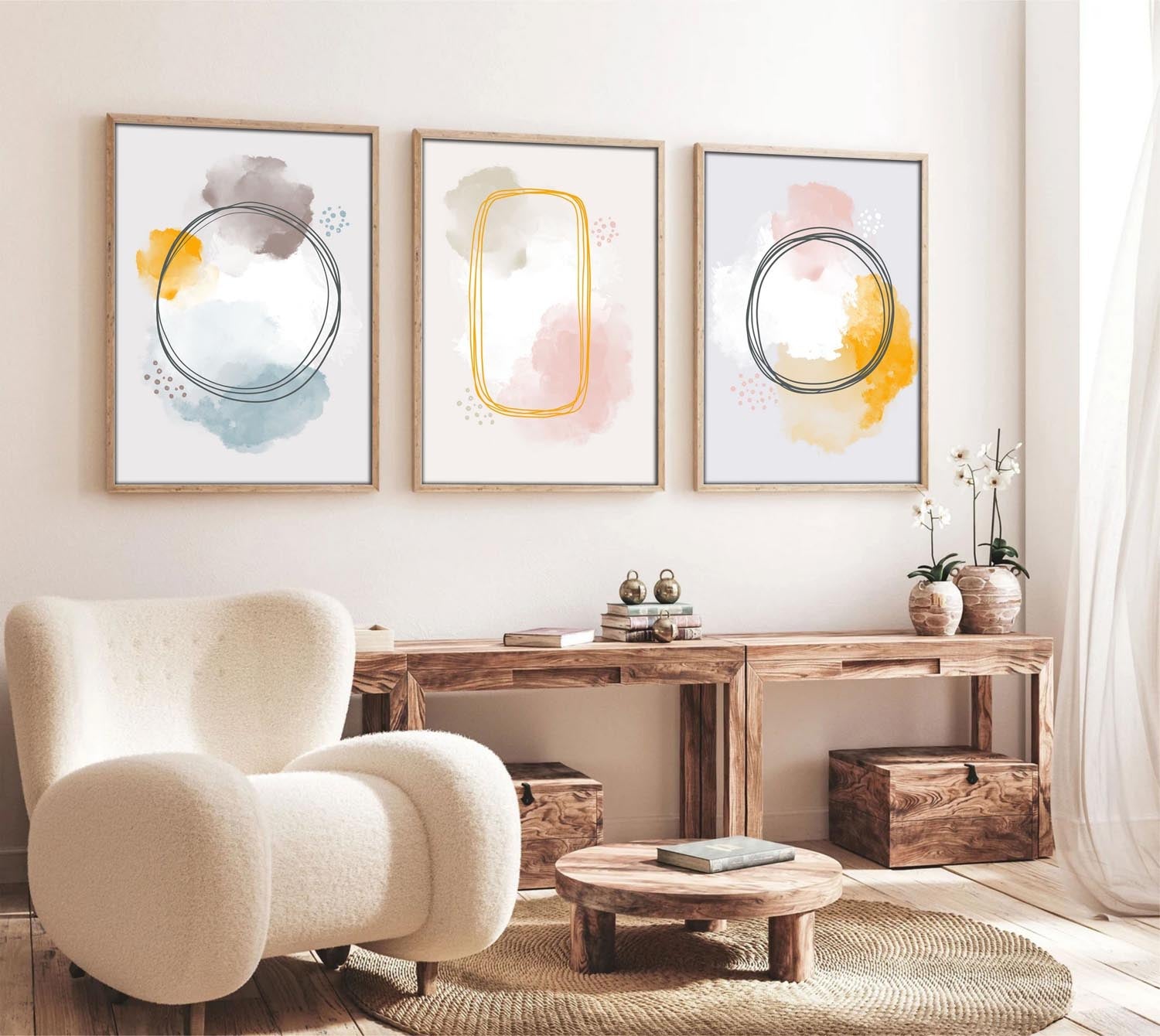 Verleihen Sie Ihrem Zuhause mit dem Huhu125 Bild von Wallity einen Hauch von Eleganz. Dieses mehrfarbige, dreiteilige Kunstwerk verwandelt jeden Raum in eine Oase der Schönheit.