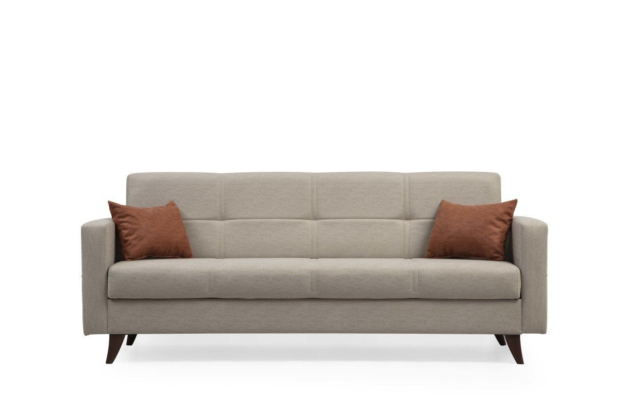 Entdecken Sie das elegante Polya Bettsofa in Beige von Atelier Del Sofa – ein komfortables 3-Sitzer-Möbel, das sich mühelos in ein gemütliches Bett verwandelt und jeden Raum stilvoll ergänzt.
