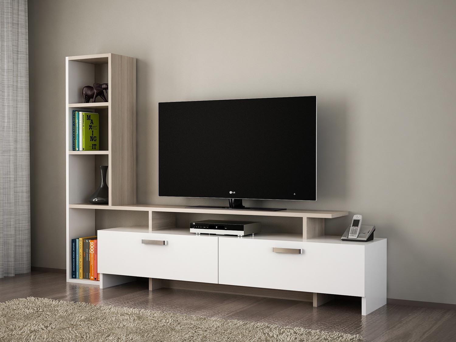 Entdecken Sie das stilvolle TV-Möbel Şimal in Weiß von Hanah Home. Skandinavisches Design trifft auf Funktionalität und bietet eleganten Stauraum für Ihr Wohnzimmer.