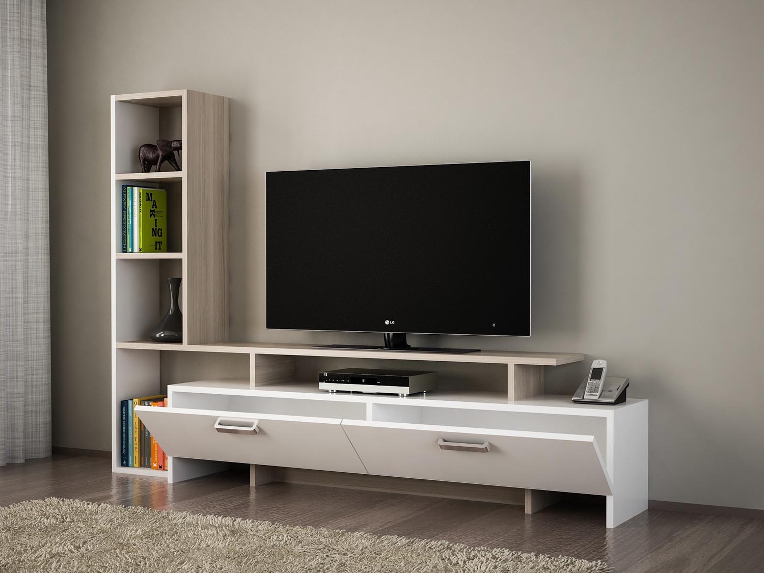 Verleihen Sie Ihrem Wohnzimmer mit dem eleganten TV-Möbel Şimal in Weiß von Hanah Home einen skandinavischen Touch. Stilvolles Design und praktischer Stauraum vereinen sich hier.