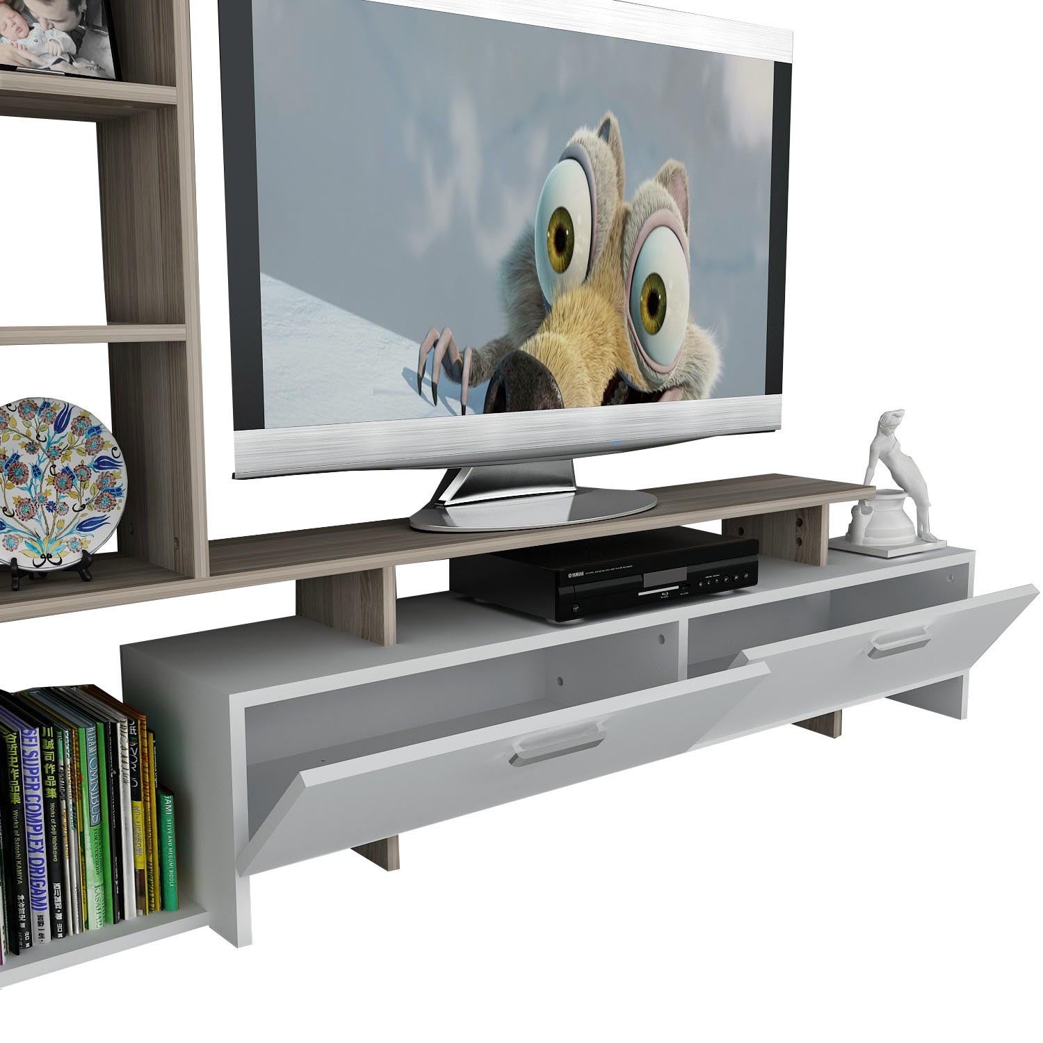 Verleihen Sie Ihrem Wohnzimmer mit dem eleganten TV-Möbel Şimal in Weiß von Hanah Home einen modernen skandinavischen Touch. Ideal für stilvolle Organisation.