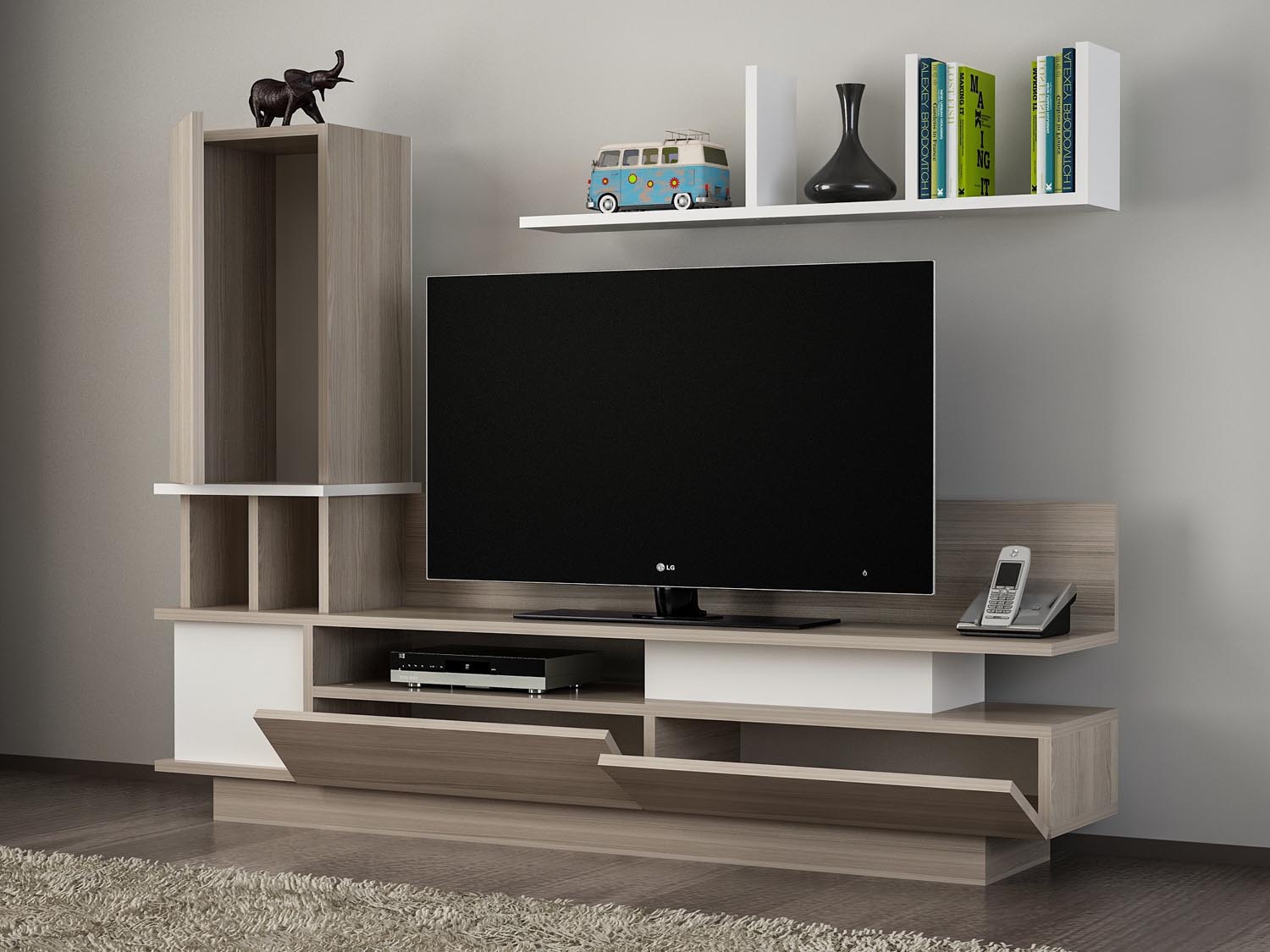 Gestalten Sie Ihr Wohnzimmer modern mit dem Como TV-Möbel in Weiß und Cordoba von Hanah Home – elegantes Design und praktischer Stauraum vereint.