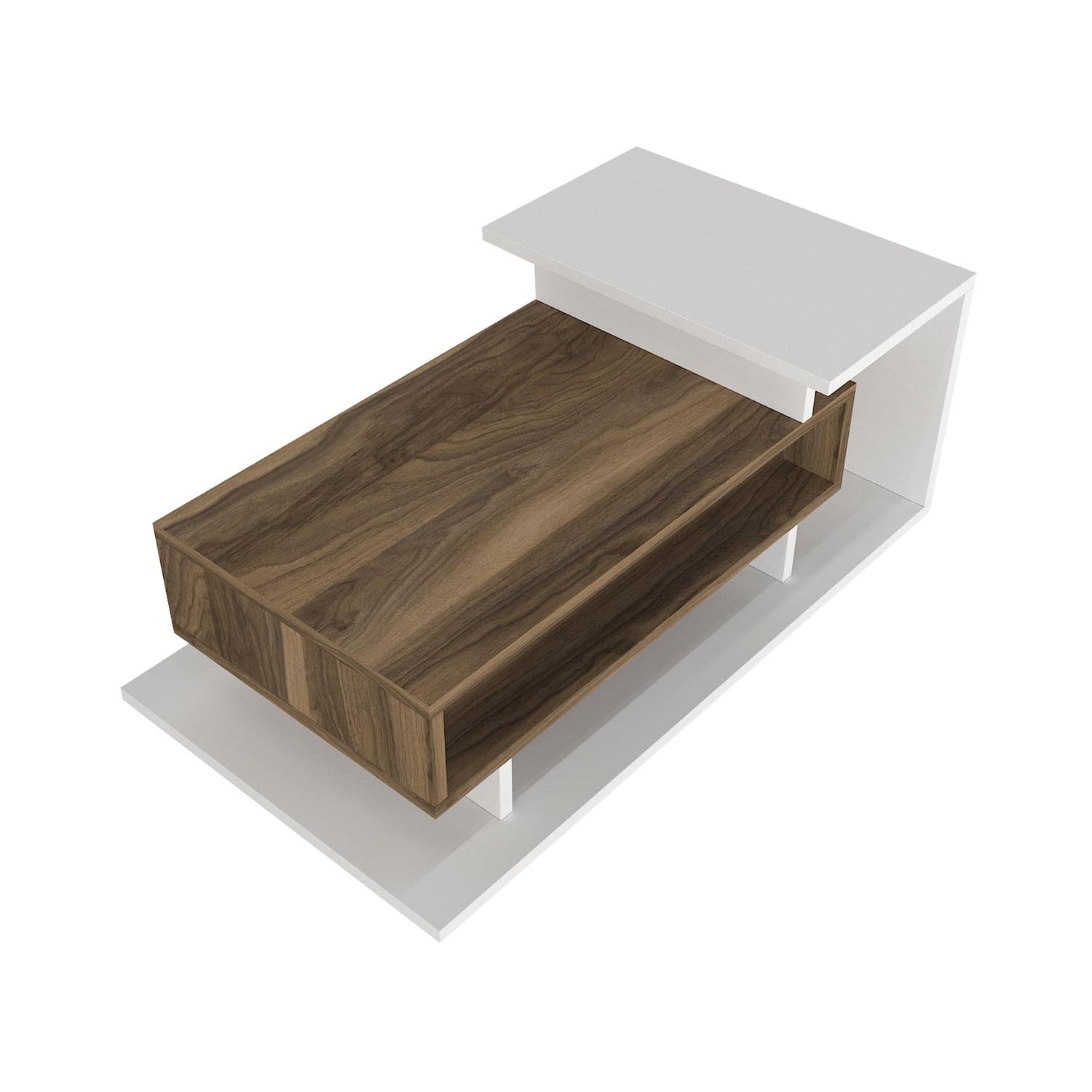 Entdecken Sie den stilvollen Couchtisch Spring - White, Walnut von Hanah Home, der Eleganz und praktische Vielseitigkeit in Ihr Zuhause bringt!