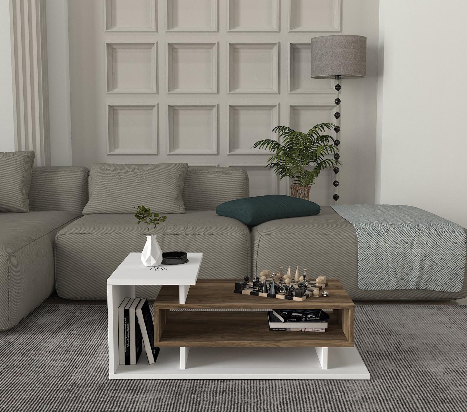 Entdecken Sie den eleganten Couchtisch Spring - White, Walnut von Hanah Home. Skandinavisches Design trifft Funktionalität für Ihr Zuhause!