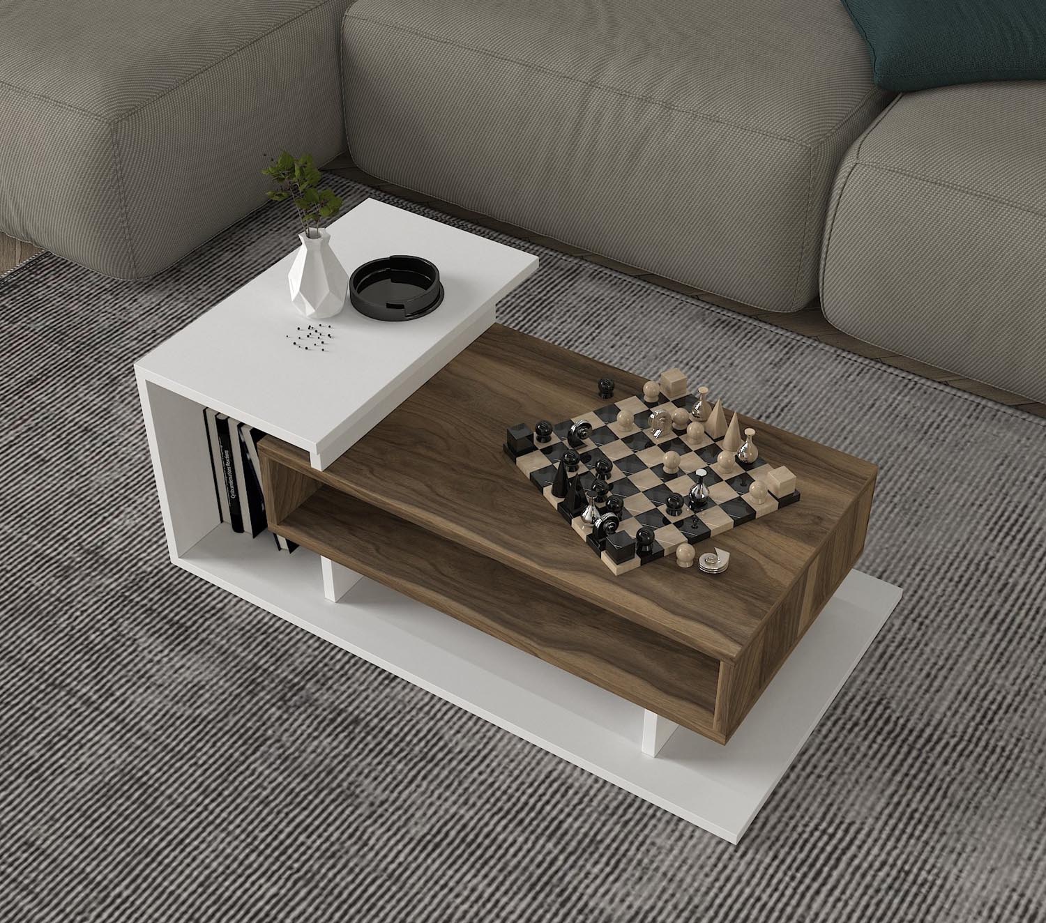 Entdecken Sie den eleganten Couchtisch Spring - White, Walnut von Hanah Home. Perfekt für stilvolle Akzente und vielseitige Nutzung in jedem Raum!