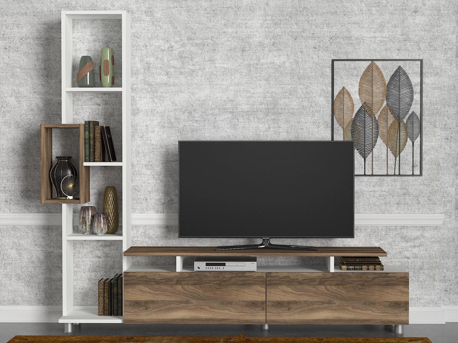 Entdecken Sie das stilvolle Tulip TV-Möbel in Weiß und Walnuss von Hanah Home. Perfekte Kombination aus Eleganz und Funktionalität für Ihr Wohnzimmer.