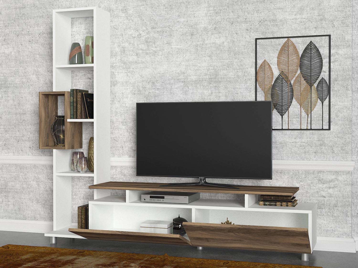 Gestalten Sie Ihr Wohnzimmer mit dem eleganten Tulip TV-Möbel von Hanah Home in Weiß und Walnuss. Funktionalität trifft skandinavisches Design.