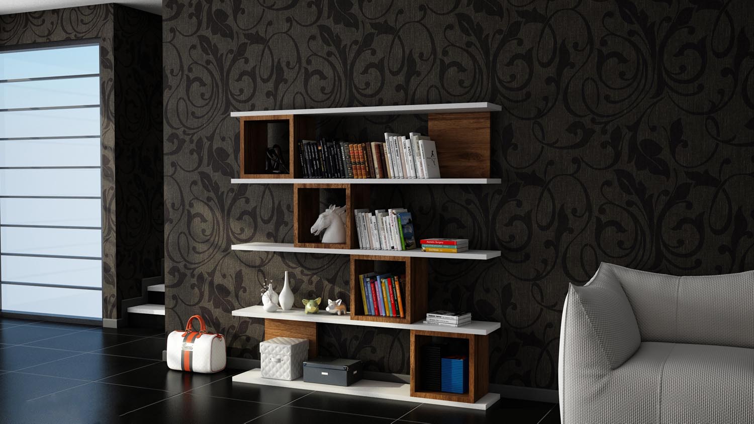 Entdecken Sie das elegante Wind Bücherregal in Weiß und Walnuss von Hanah Home. Perfekt für stilvolle Aufbewahrung und moderne Einrichtung.