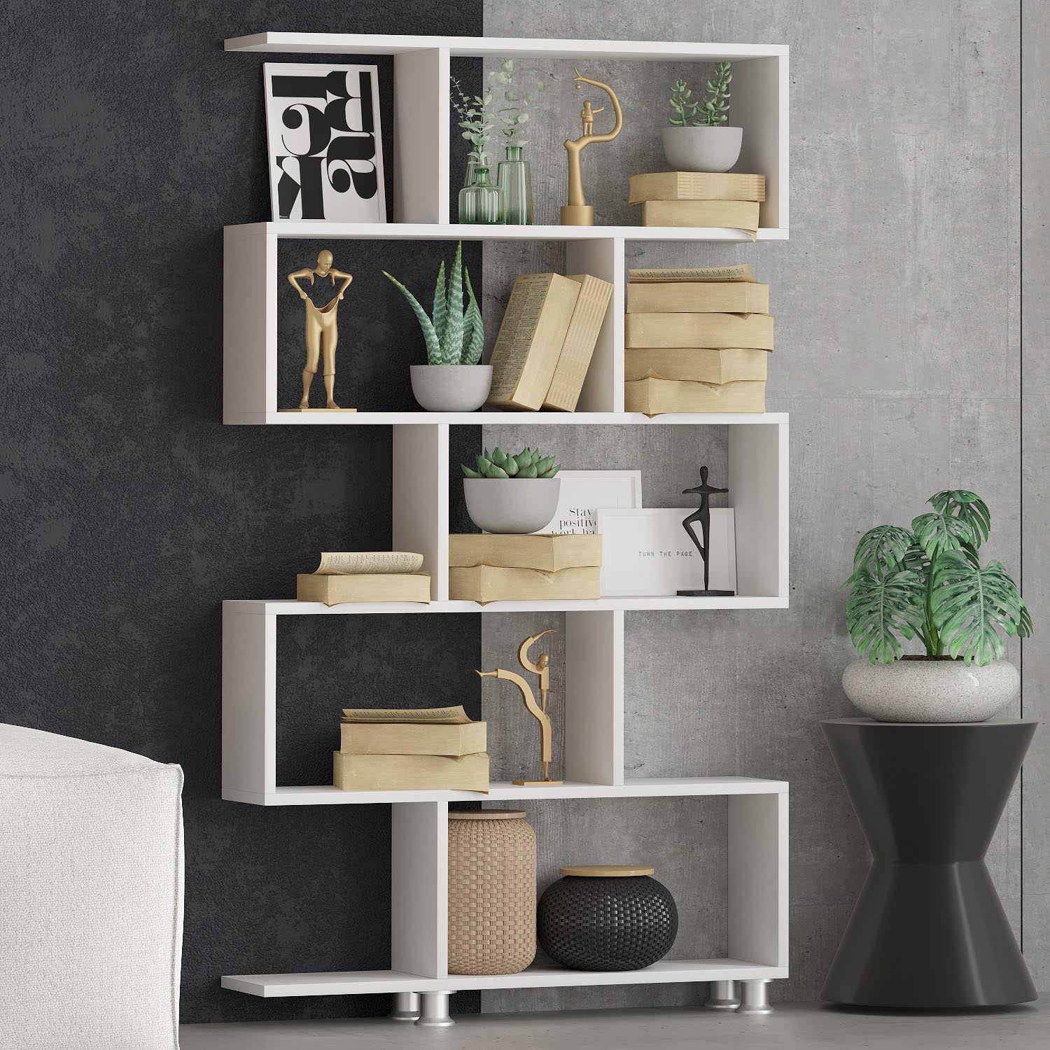 Verleihen Sie Ihrem Zuhause mit dem Nilüfer Bücherregal in Weiß von Hanah Home einen modernen Akzent. Perfekt für Ordnung und Stil!