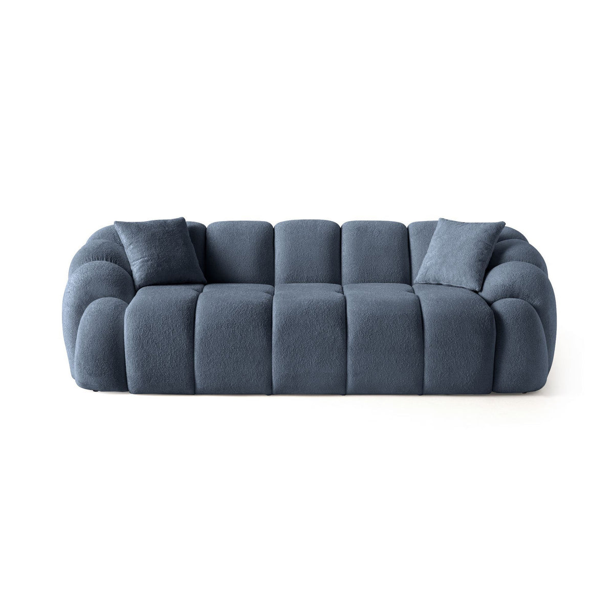Marineblaues 3-Sitzer Sofa Octavio von Hanah Home mit Polyesterbezug, Hainbuche-Gestell, Kunststoffbeinen und zwei losen Kissen.