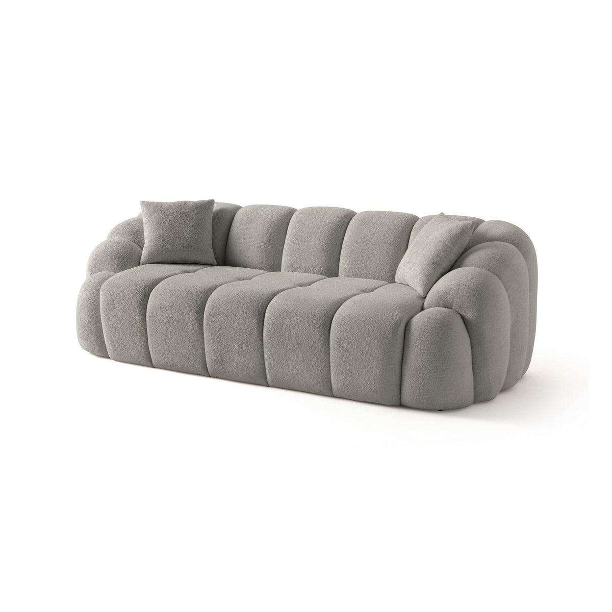 Graues 3-Sitzer Sofa Octavio von Hanah Home mit Polyesterbezug, Kunststoffbeinen und abnehmbarem Rückenkissen, Frontalansicht auf hellem Hintergrund.