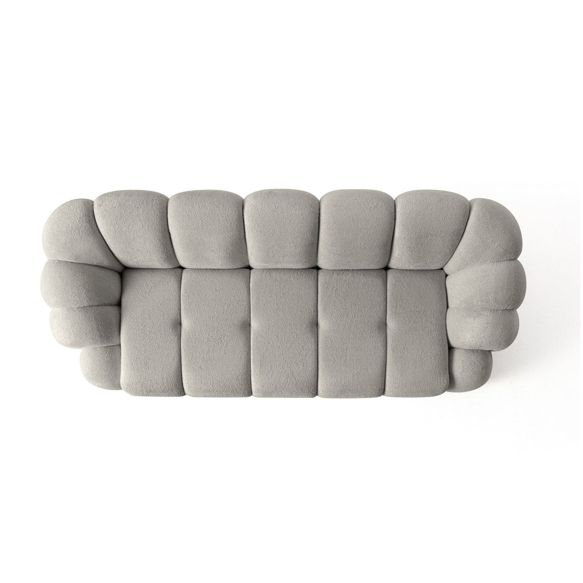 Graues 3-Sitzer Sofa Octavio von Hanah Home mit Polyesterbezug, Kunststoffbeinen und abnehmbarem Rückenkissen, Frontalansicht auf hellem Hintergrund.