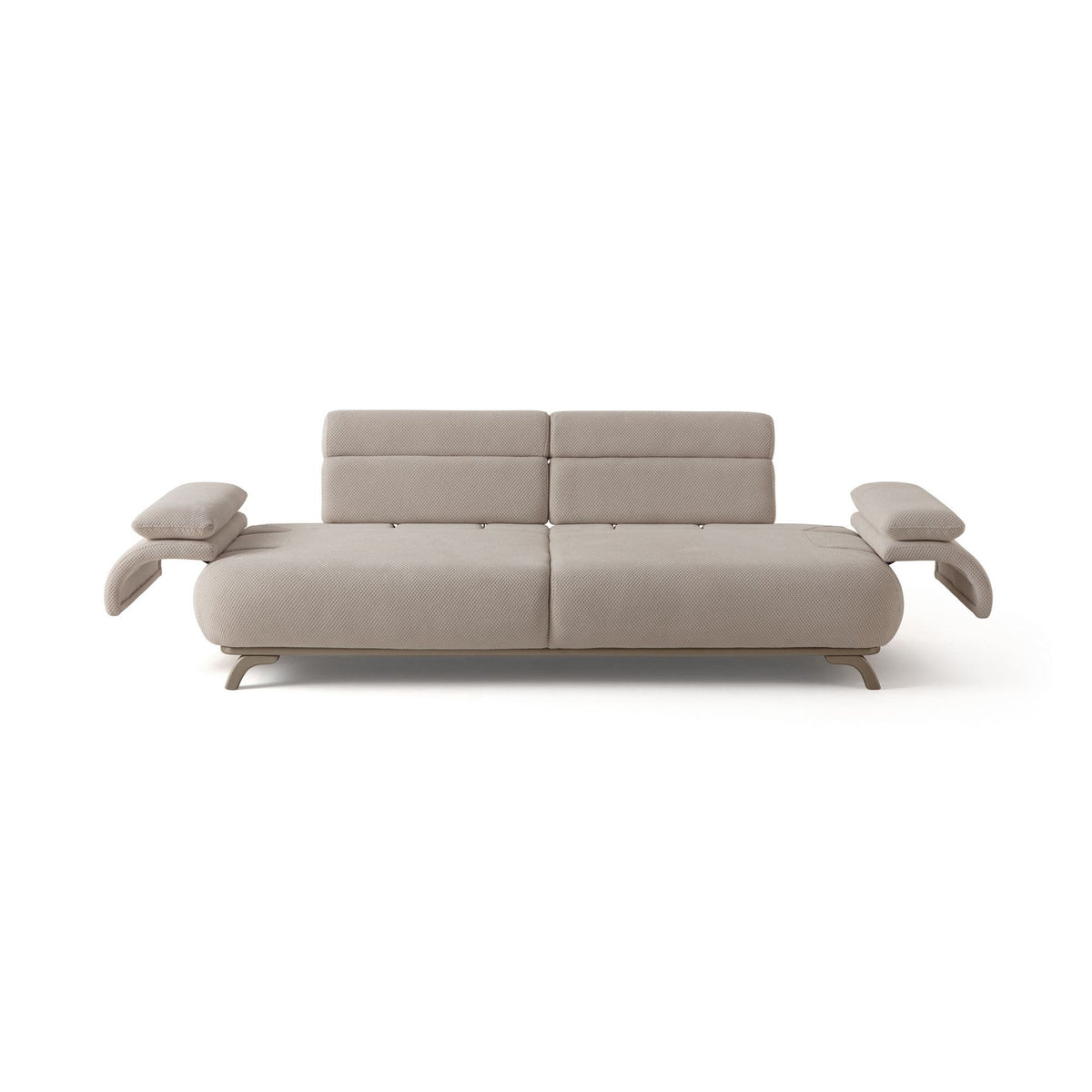 Beiges 3-Sitzer-Sofa mit Polyesterstoff in Tuna-Struktur, Holzbeinen und abnehmbarem Rückenkissen, Frontalansicht auf hellem Hintergrund.