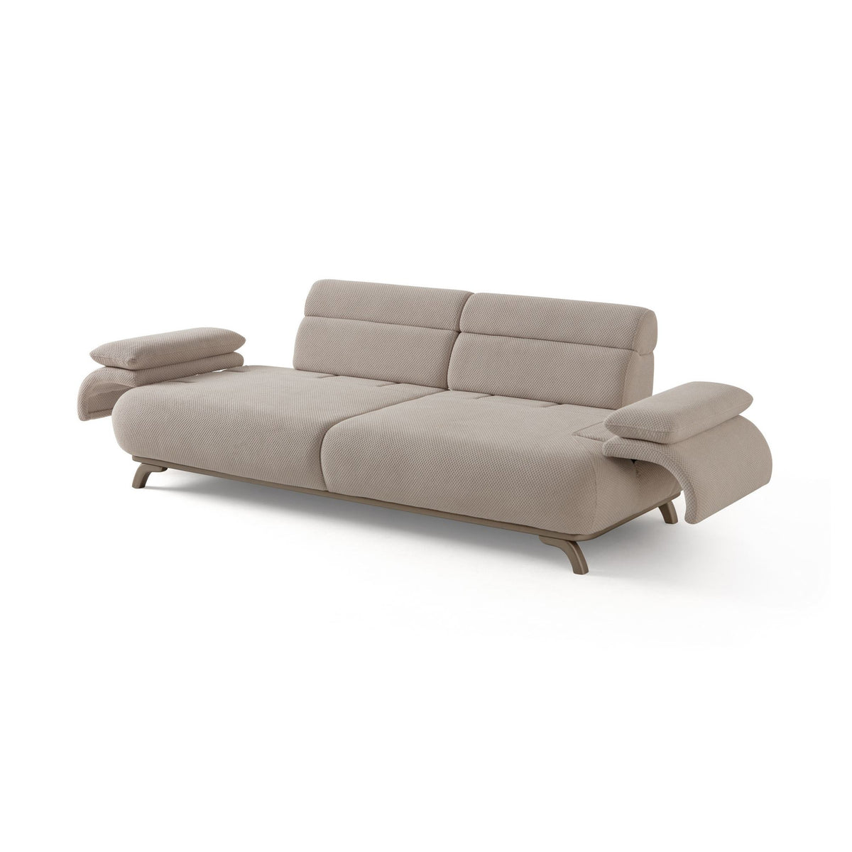 Beiges 3-Sitzer-Sofa mit Polyesterstoff in Tuna-Struktur, Holzbeinen und abnehmbarem Rückenkissen, Frontalansicht auf hellem Hintergrund.