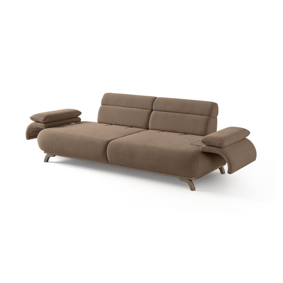 Bonjo Silver 3-Sitzer-Sofa in Latte mit Polyesterbezug, Holzbeinen und abnehmbarem Rückenkissen, zwei Kissen auf der Sitzfläche.