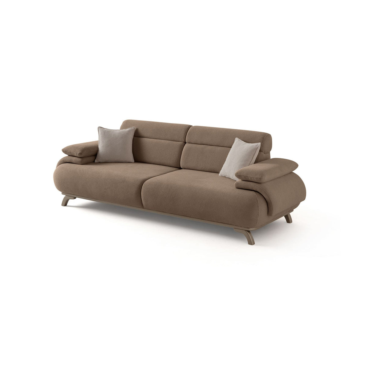Bonjo Silver 3-Sitzer-Sofa in Latte mit Polyesterbezug, Holzbeinen und abnehmbarem Rückenkissen, zwei Kissen auf der Sitzfläche.