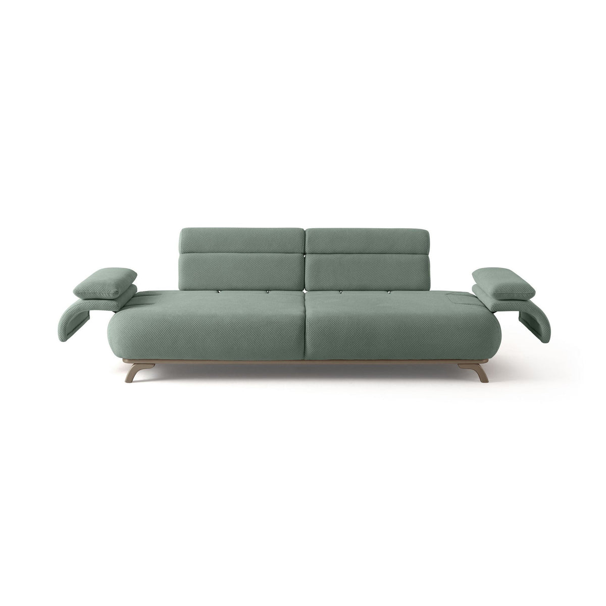 Seegrünes 3-Sitzer-Sofa Bonjo Silver von Hanah Home mit Polyesterbezug, Holzbeinen und zwei losen Kissen, Frontalansicht des Möbelstücks.