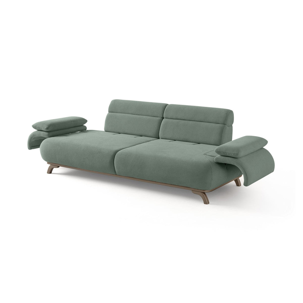 Seegrünes 3-Sitzer-Sofa Bonjo Silver von Hanah Home mit Polyesterbezug, Holzbeinen und zwei losen Kissen, Frontalansicht des Möbelstücks.