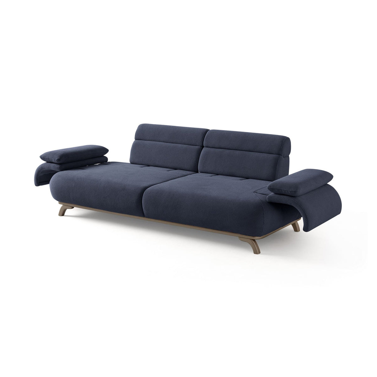 Marineblaues 3-Sitzer-Sofa mit Polyesterbezug, Holzbeinen und abnehmbarem Rückenkissen, fotografiert vor hellem Hintergrund.