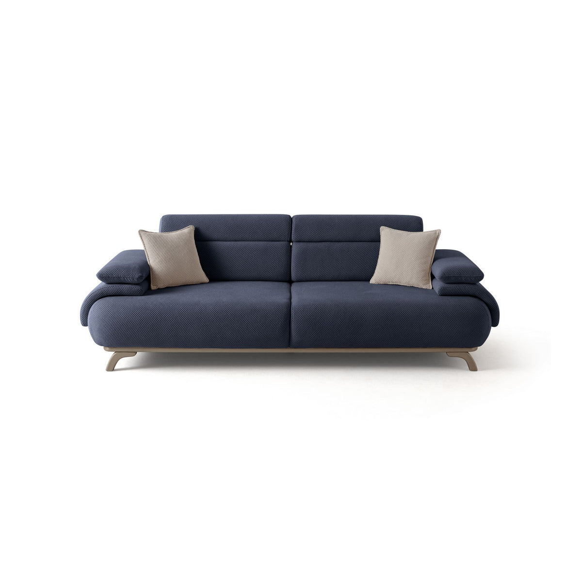 Marineblaues 3-Sitzer-Sofa mit Polyesterbezug, Holzbeinen und abnehmbarem Rückenkissen, fotografiert vor hellem Hintergrund.