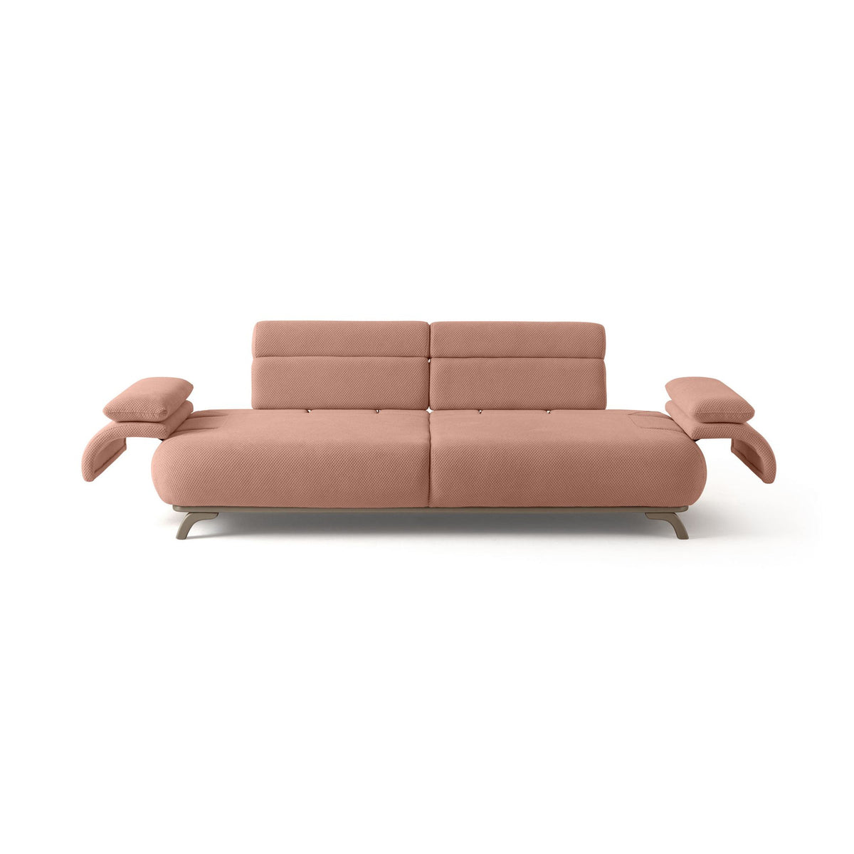 Puderfarbenes 3-Sitzer-Sofa Bonjo Silver mit Polyester-Bezug, Holzbeinen und abnehmbarem Rückenkissen, zwei Zierkissen auf der Sitzfläche.