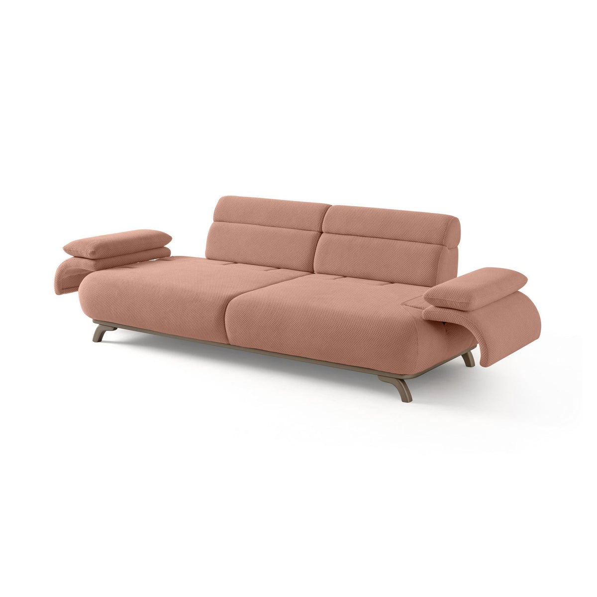 Puderfarbenes 3-Sitzer-Sofa Bonjo Silver mit Polyester-Bezug, Holzbeinen und abnehmbarem Rückenkissen, zwei Zierkissen auf der Sitzfläche.
