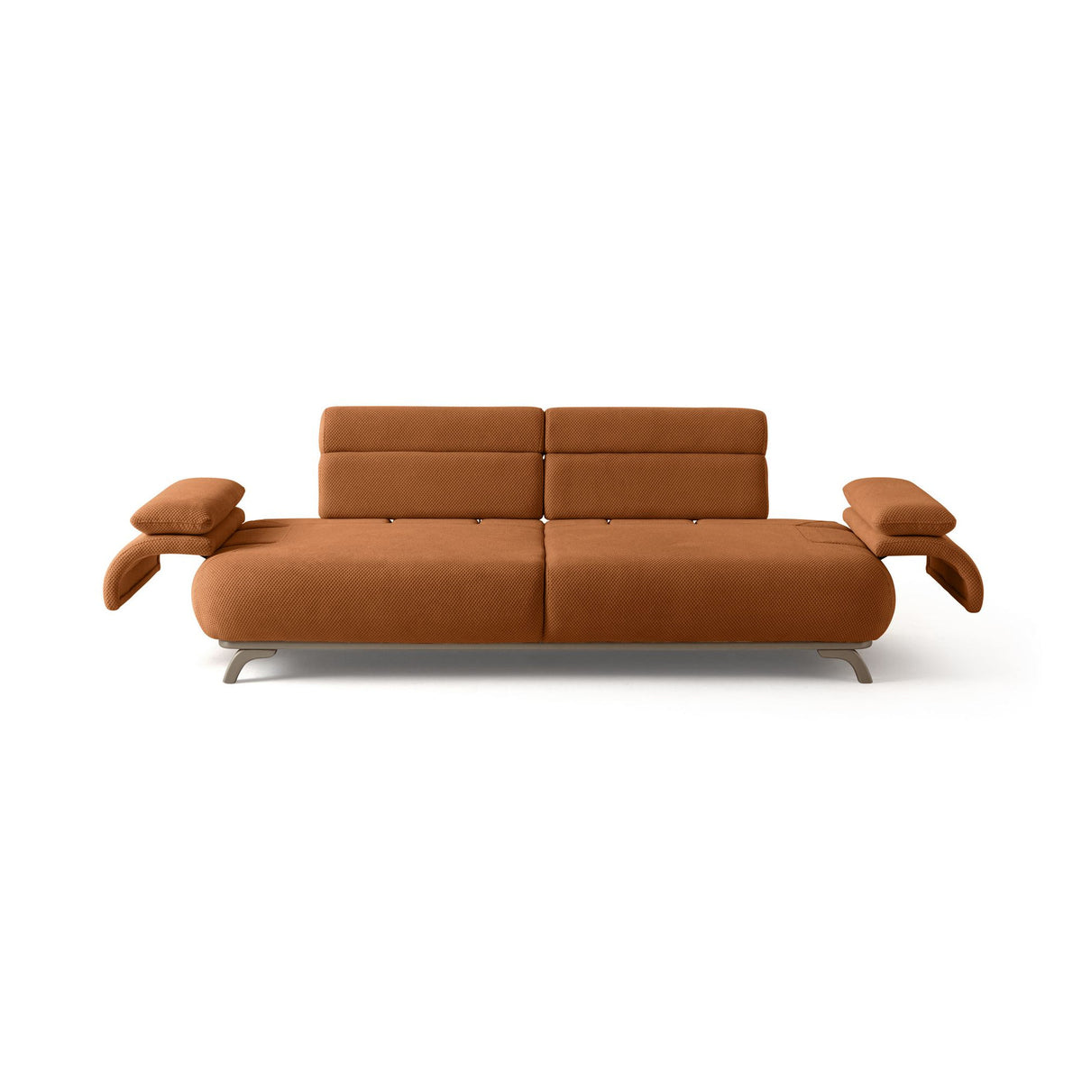 Ziegelrotes 3-Sitzer-Sofa mit Polyesterbezug in Tuna-Struktur, Holzbeinen und abnehmbarem Rückenkissen, zwei Zierkissen auf der Sitzfläche