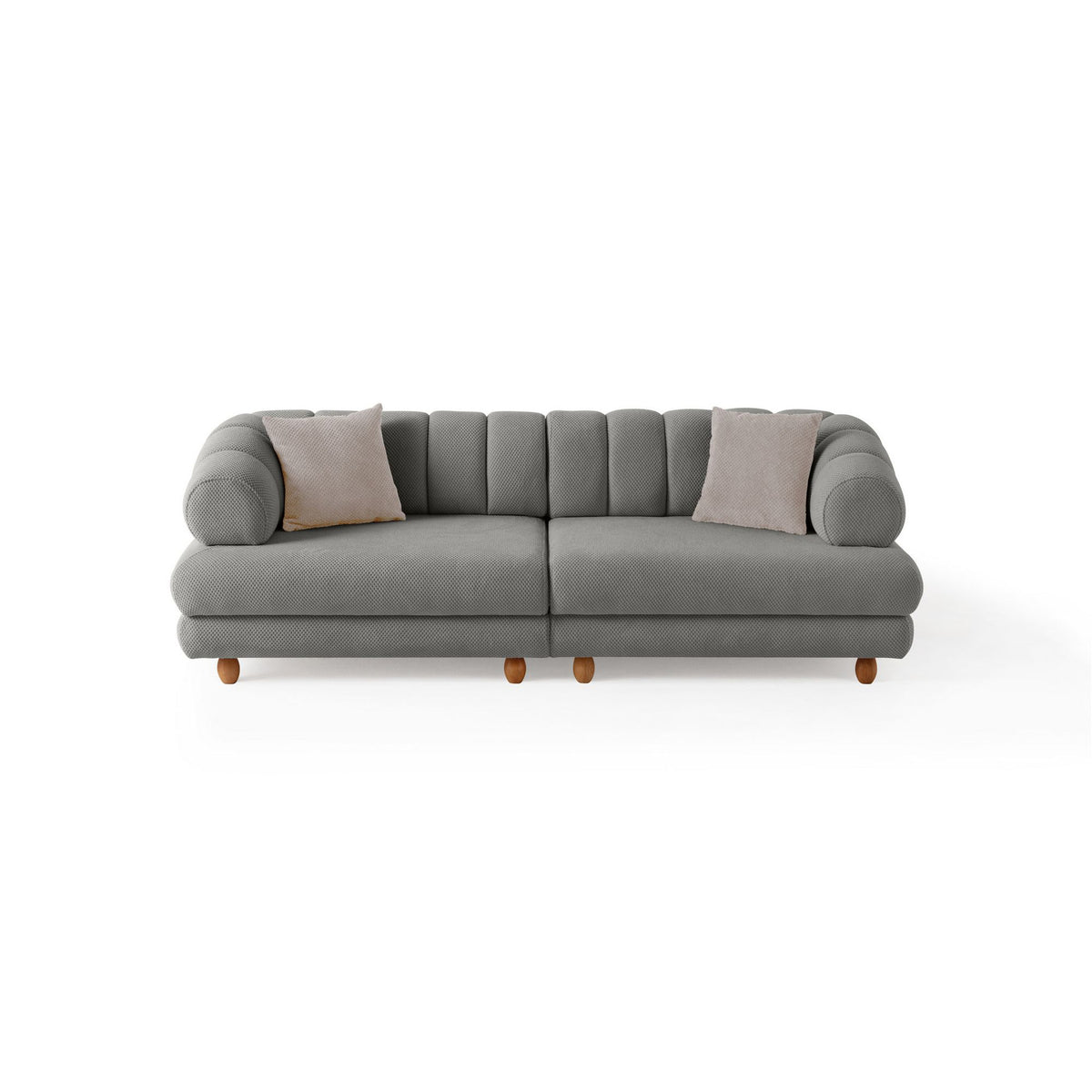 Graues 3-Sitzer Sofa Gloria von Hanah Home mit Polyesterbezug in Tuna-Struktur, Holzbeinen und zwei losen Kissen auf hellem Untergrund.