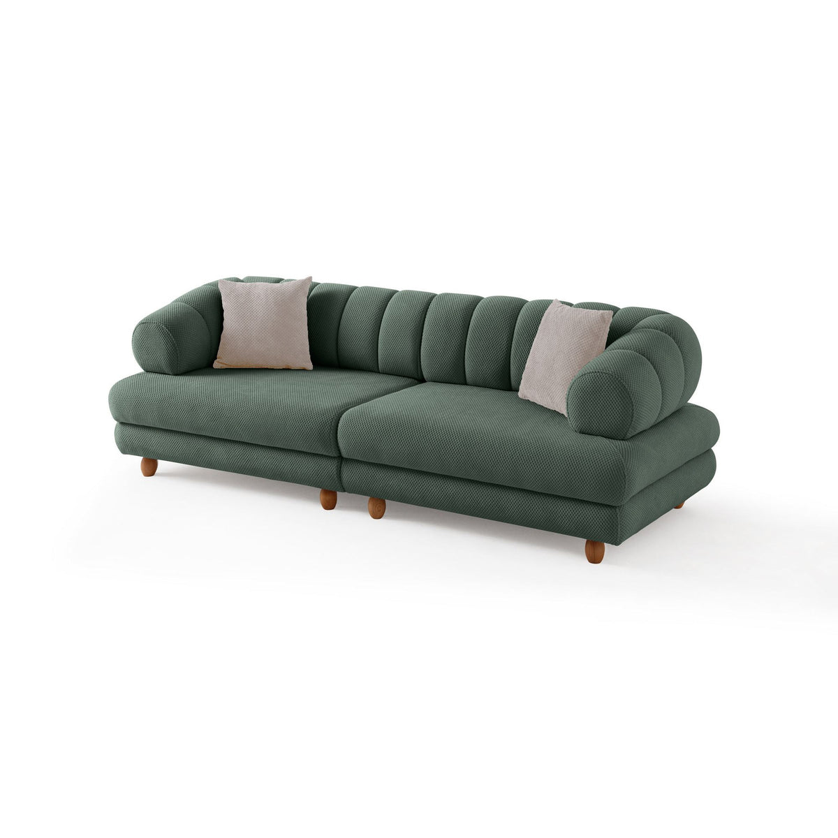 Grünes 3-Sitzer Sofa mit Polyesterbezug in Tuna-Struktur, Holzbeinen und abnehmbarem Sitzkissen, Gestell aus Hainbuche und Spanplatte.