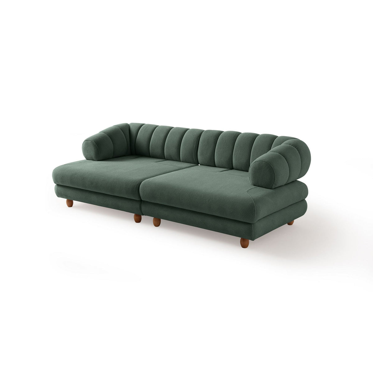 Grünes 3-Sitzer Sofa mit Polyesterbezug in Tuna-Struktur, Holzbeinen und abnehmbarem Sitzkissen, Gestell aus Hainbuche und Spanplatte.