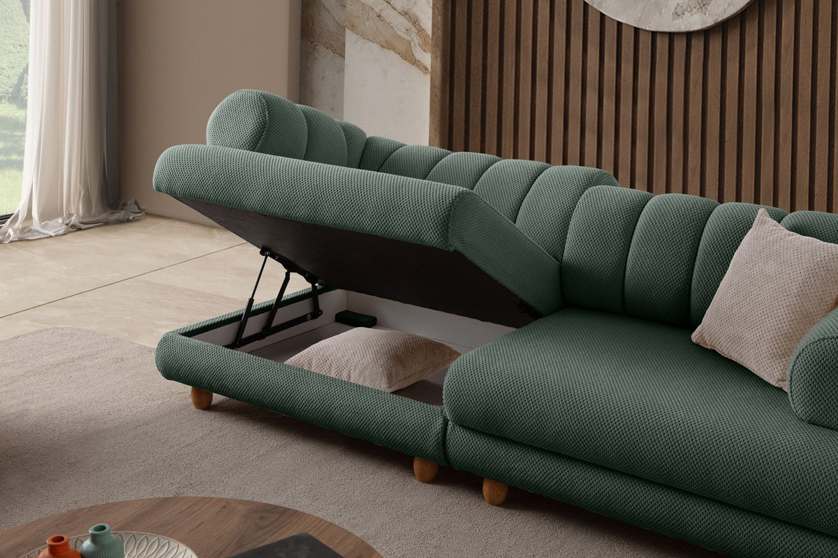 Grünes 3-Sitzer Sofa mit Polyesterbezug in Tuna-Struktur, Holzbeinen und abnehmbarem Sitzkissen, Gestell aus Hainbuche und Spanplatte.